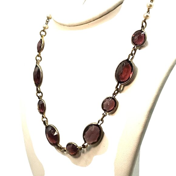 Elegant Choker Length Necklace, Vintage Faux Pearl and Bezel Set Purple Crystals - Picture 3 of 4